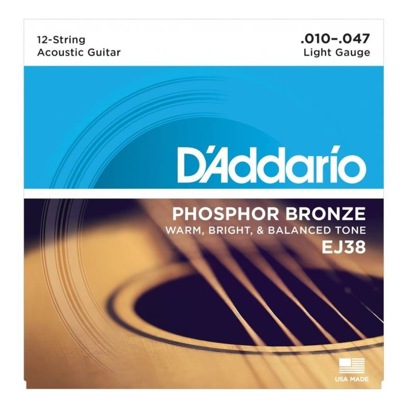 Encordado - Daddario - Guitarra Acustica - 12 Cuerdas - 010/047 - Phosphor Bronce 80/20 - Tension Baja - Ej38