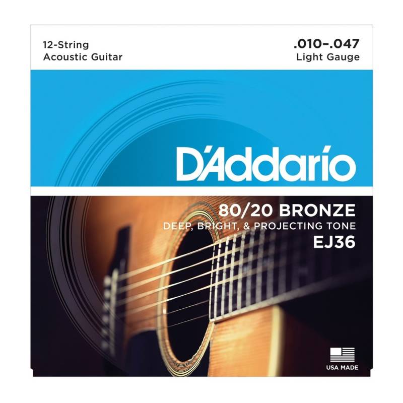 Encordado - Daddario - Guitarra Acustica - 12 Cuerdas - 010/047 - Bronce 80/20 - Tension Baja - Ej36