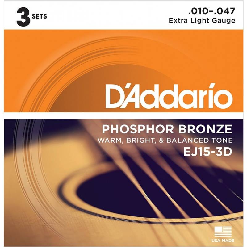 Encordado - Daddario - Guitarra Acustica - 010/047 - Phosphor Bronce 80/20 - Tension Extra Baja - Ej15-3D