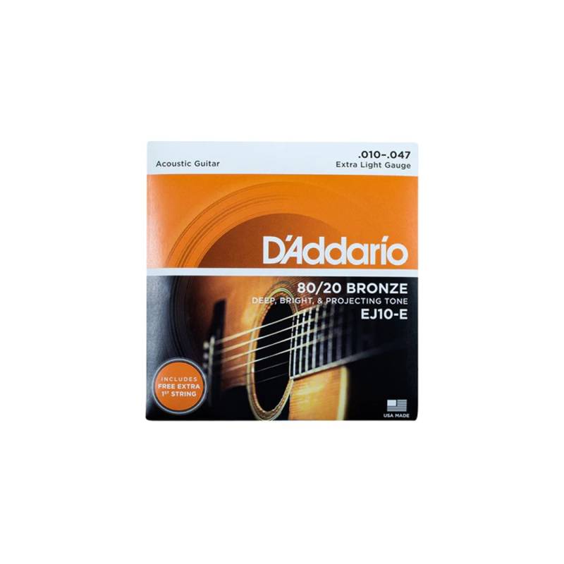 Encordado - Daddario - Guitarra Acustica - 010-014-023-030-039-047 - Bronce - 80/20 - Extra Light - 1Ra Cuerda Extra - Ej10-E