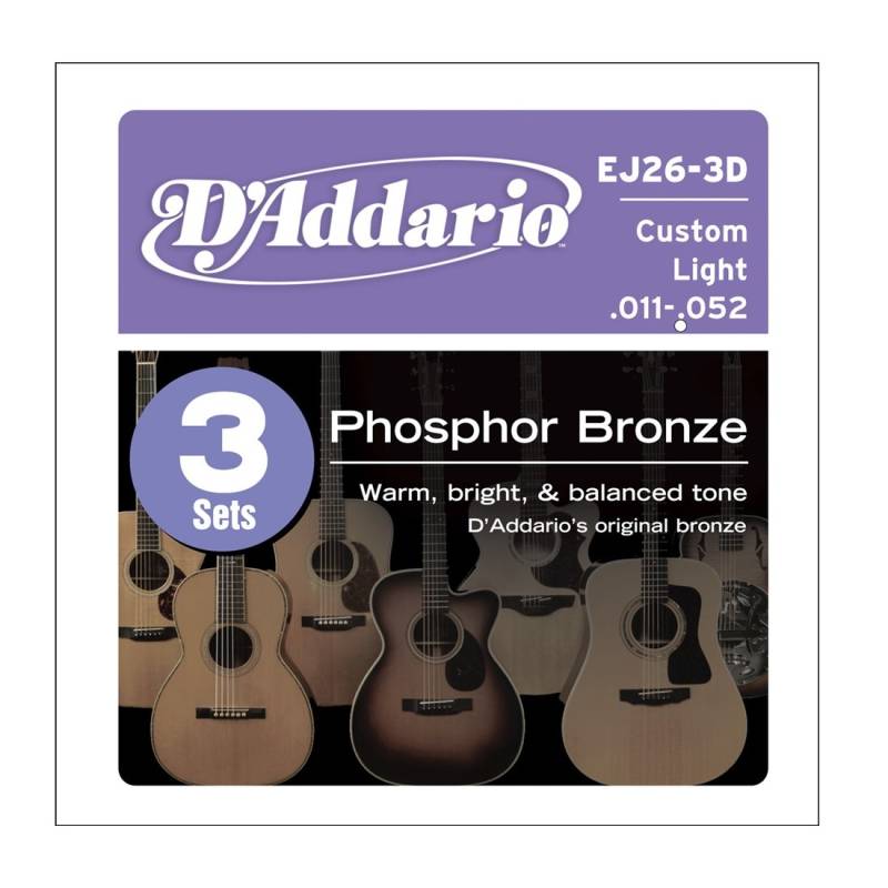 Encordado - Daddario - Guitarra Acustica - 011/052 - Phosphor Bronce 80/20 - Tension Custom Light - Ej26-3D