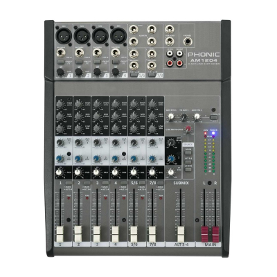 Mixer - Phonic - Analogico - 8 Canales - 4 Xlr/Trs + 4 Trs - Salida L&R Xlr + 2 Auxiliares Trs - Vivo - Eq 3 Bandas + Sub Stereo - Am1204  