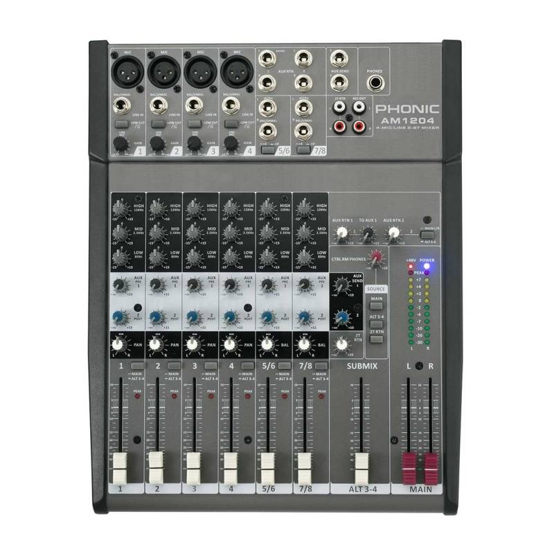 Mixer - Phonic - Analogico - 8 Canales - 4 Xlr/Trs + 4 Trs - Salida L&R Xlr + 2 Auxiliares Trs - Vivo - Eq 3 Bandas + Sub Stereo - Am1204